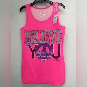 Justice size 10 Girls Pink Glitter“BELIEVE in YOU” Peace Sign Tank Top NWT